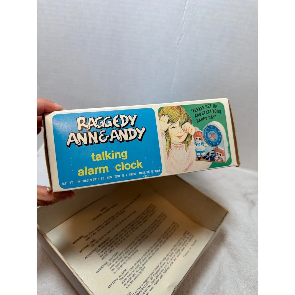 VTG 1974 Janex Raggedy Ann & Andy Talking Alarm Clock w Orig Box Ticks NO Talk